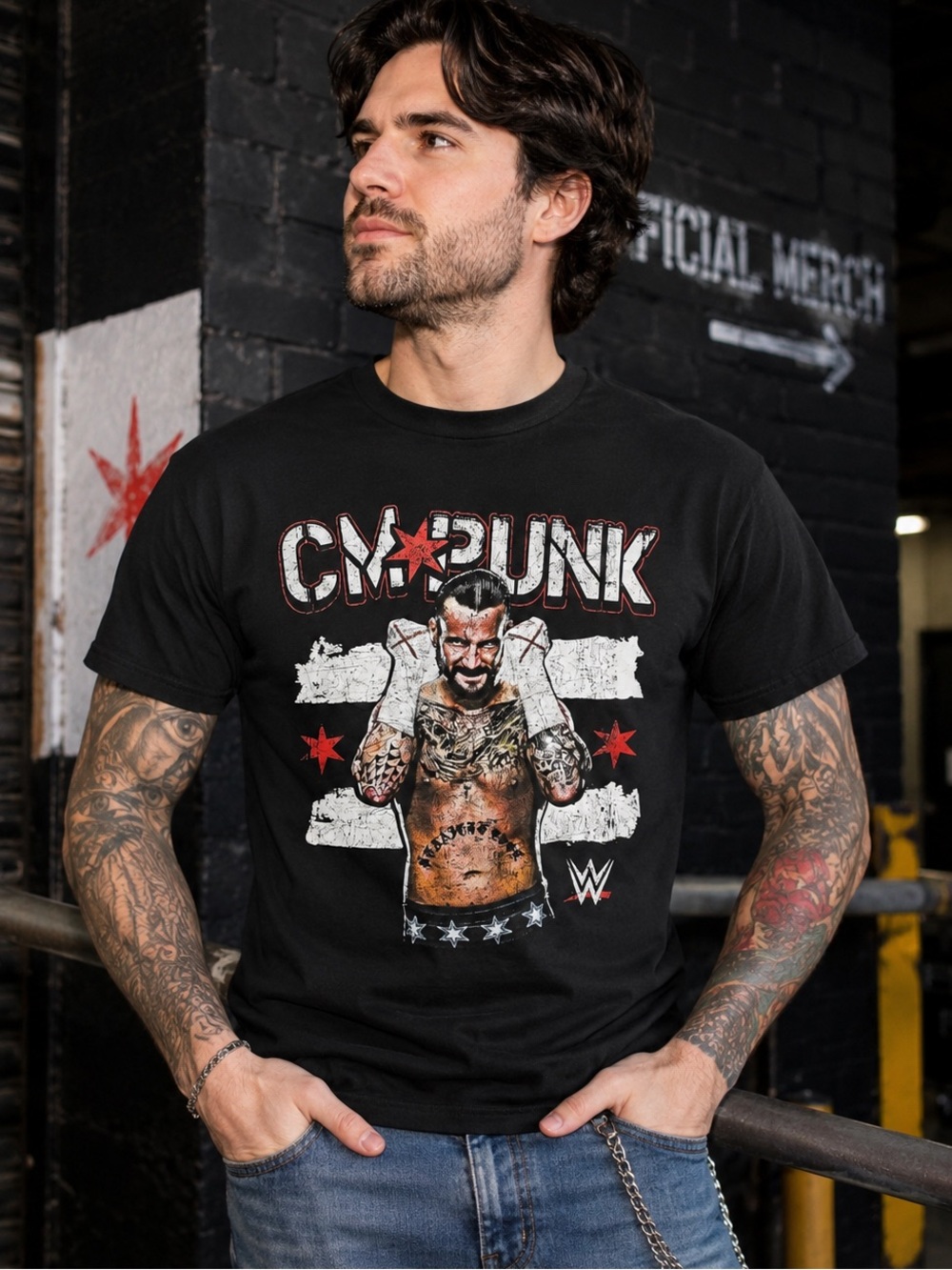 WWE x Ripple Junction CM Punk Black Graphic T-Shirt Red & White Accents XL EUC!